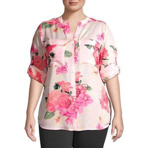NWT CALVIN KLEIN Plus Floral Roll-sleeve Blouse